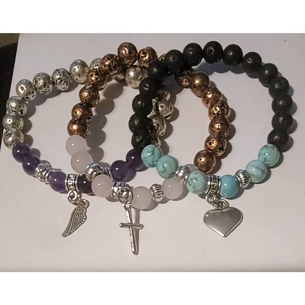 New~Set of (3) Gemstone~Charm & Essential Oil Diffuser Bead Bracelet Set
